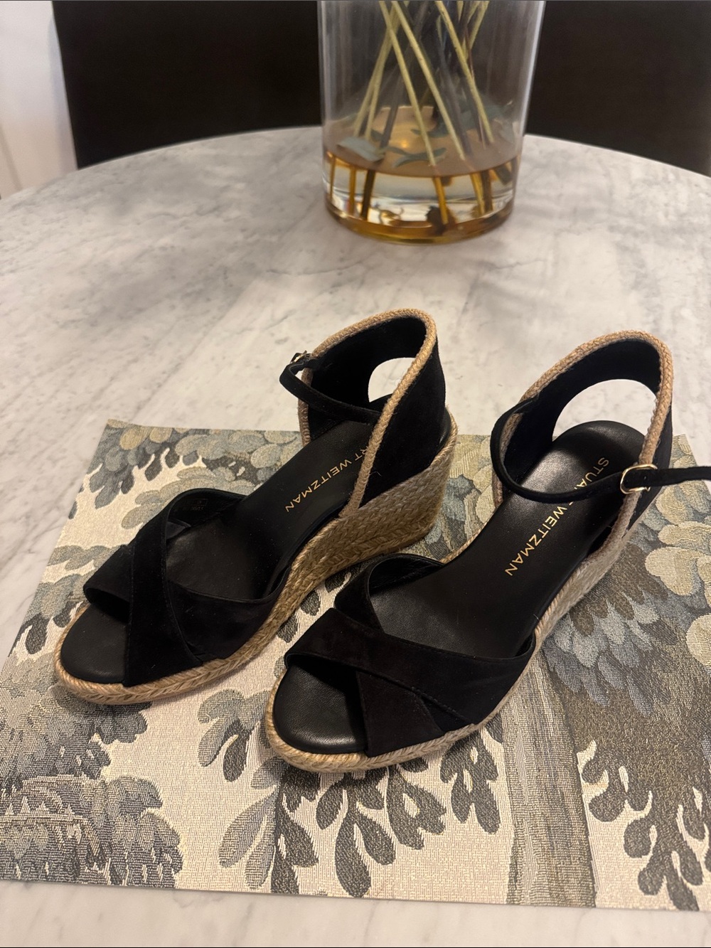 Stuart Weitzman Black Suede Espadrille Wedge Sandals